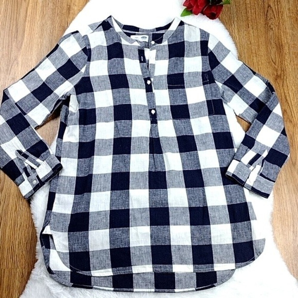 Women's Linen Cotton Blend Buffalo Check Plaid Tunic Top Oversized Baggy Fit